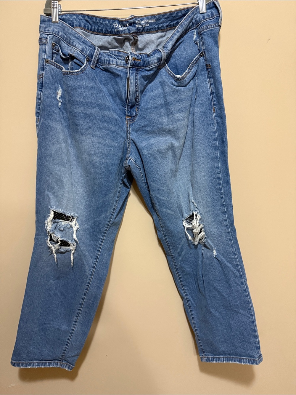 Women’s Distressed Blue Jeans with mesh & rhinestone embellishment- see pics
